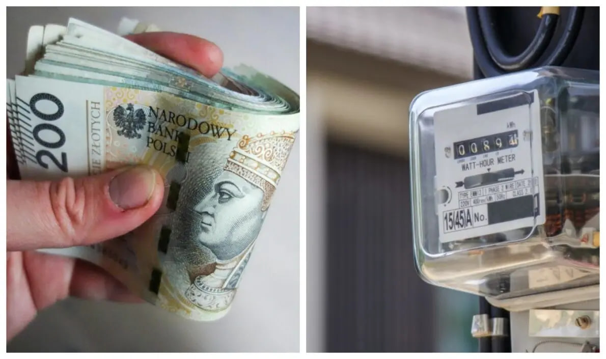 Gotówka w PLN na tle licznika prądu
